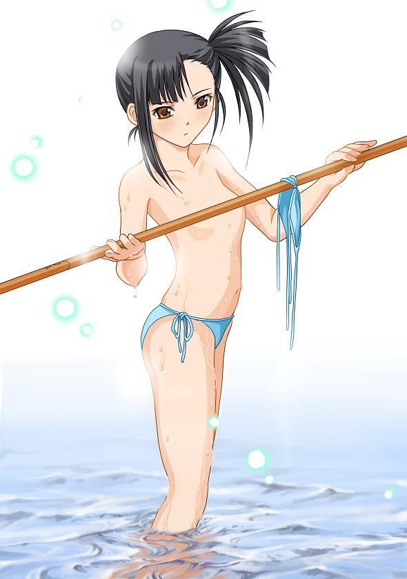 suda (yuunagi enikki), sakurazaki setsuna, mahou sensei negima!, 00s, bikini, black hair, censored, convenient censoring, flat chest, side-tie bikini bottom, solo, swimsuit, sword, topless female, water, weapon, wet