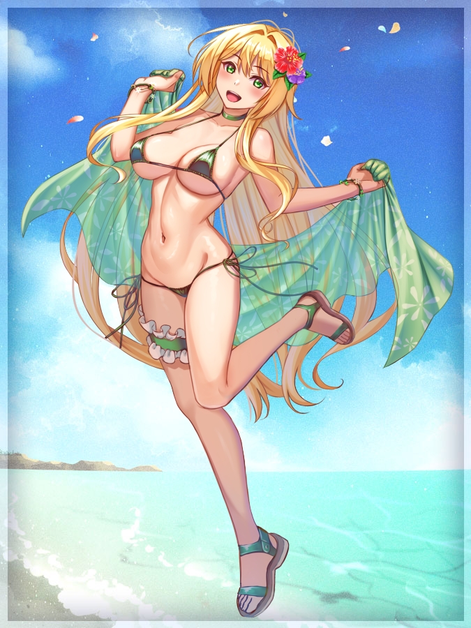 koko (koko3), creativerpg, original, sanzenkai no avatar, 1girl, bikini, blonde hair, blue sky, breasts, cloud, flower, full body, green eyes, hair flower, hair intakes, hair ornament, large breasts, long hair, lowleg, lowleg bikini, micro bikini, open-toe shoes, open sarong, side-tie bikini bottom, silver choker, sky, smile, solo, standing, standing on one leg, swimsuit, thigh strap, very long hair