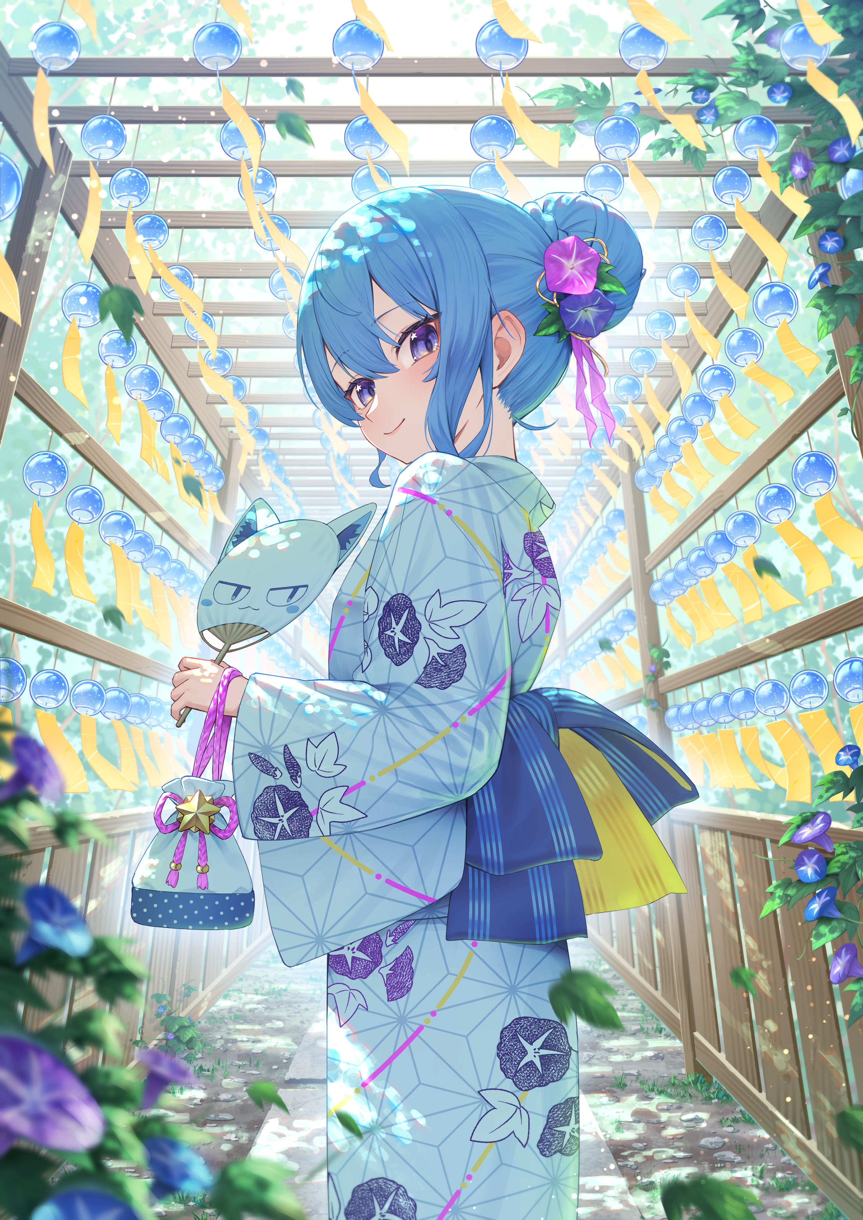 tsubasasekai, hoshimachi suisei, hololive, absurdres, commentary request, highres, 1girl, alternate costume, blue eyes, blue hair, blue kimono, closed mouth, cowboy shot, double-parted bangs, flower, hair between eyes, hair bun, hair flower, hair ornament, japanese clothes, kimono, long sleeves, looking at viewer, short hair, single hair bun, smile, solo, virtual youtuber, white bag