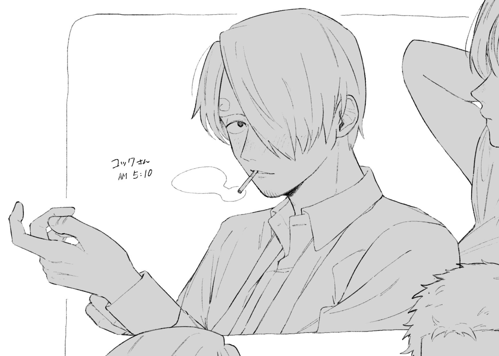 iqracha, sanji (one piece), one piece, highres, 1boy, adjusting sleeves, blush, cigarette, collared shirt, curly eyebrows, facial hair, goatee stubble, greyscale, hair over one eye, long sleeves, male focus, monochrome, parted lips, shirt, short hair, smoking, solo focus, stubble