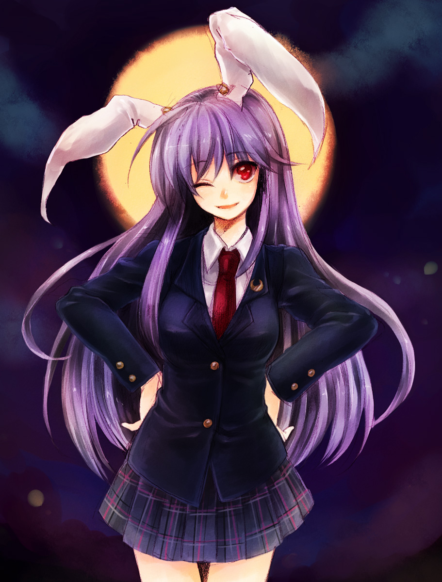 usa (artist), usaki (ama), reisen udongein inaba, touhou, highres, 1girl, animal ears, blazer, female focus, jacket, moon, necktie, pleated skirt, rabbit ears, red necktie, skirt, solo