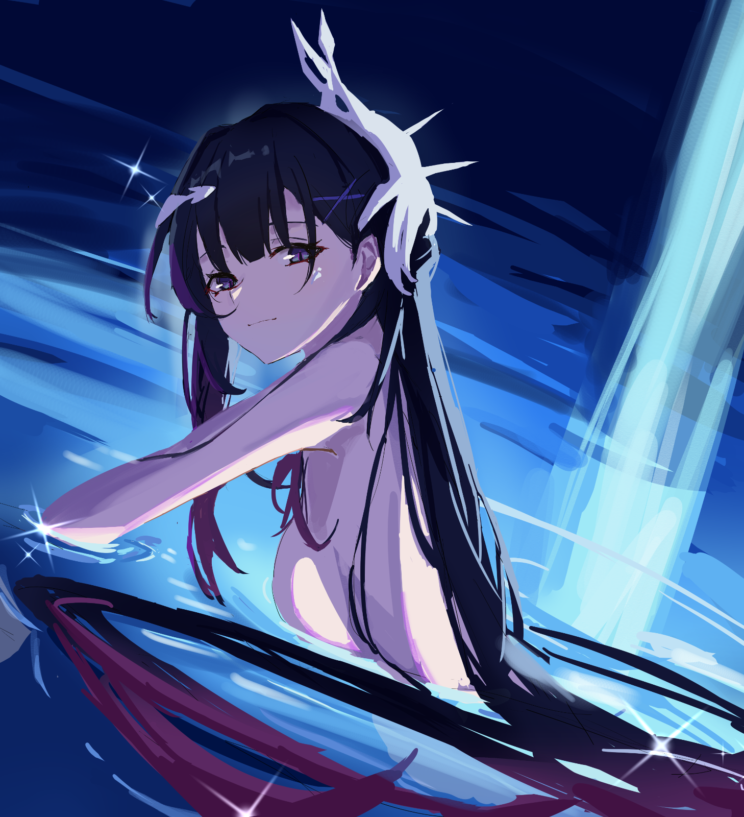 hysilens (honkai: star rail), honkai: star rail, honkai (series), commentary request, highres, 1girl, auru grap, black hair, blue eyes, breasts, hair ornament, large breasts, long hair, looking at viewer, multicolored hair, nude, partially submerged, purple hair, solo, two-tone hair, very long hair, water