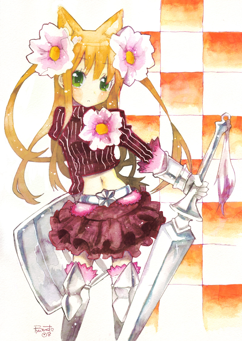 hamamoto ryuusuke, animal ears, arm behind back, armor, blonde hair, cat ears, checkered background, cowboy shot, flower, greaves, green eyes, midriff, navel, shield, skirt, solo, sword, weapon