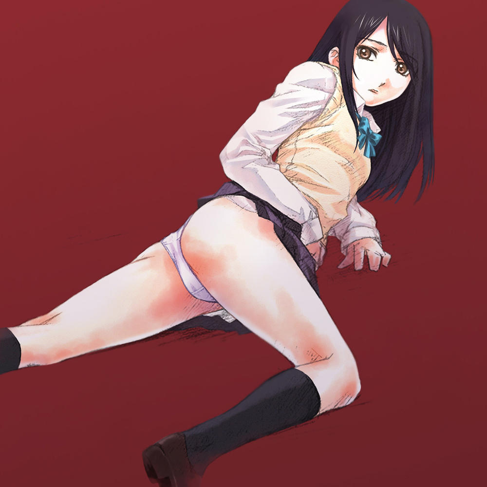 nyaou, bad id, bad pixiv id, ass, black hair, brown eyes, kneehighs, panties, school uniform, serafuku, socks, solo, underwear