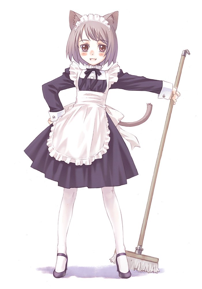 nyaou, original, 1girl, animal ears, broom, cat ears, cat tail, female focus, high heels, maid, mary janes, mop, pantyhose, shoes, solo, tail, white pantyhose