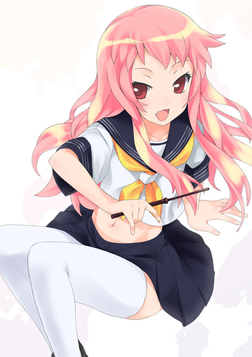 mizuki makoto, louise francoise le blanc de la valliere, zero no tsukaima, 00s, midriff, school uniform, serafuku, solo, thighhighs, wand, zettai ryouiki