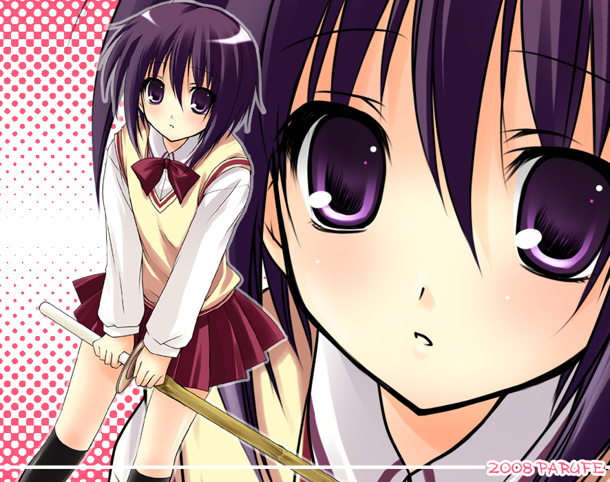 hayashi sakura, kawazoe tamaki, bamboo blade, 00s, purple eyes, purple hair, school uniform, serafuku, shinai, short hair, solo, sword, weapon