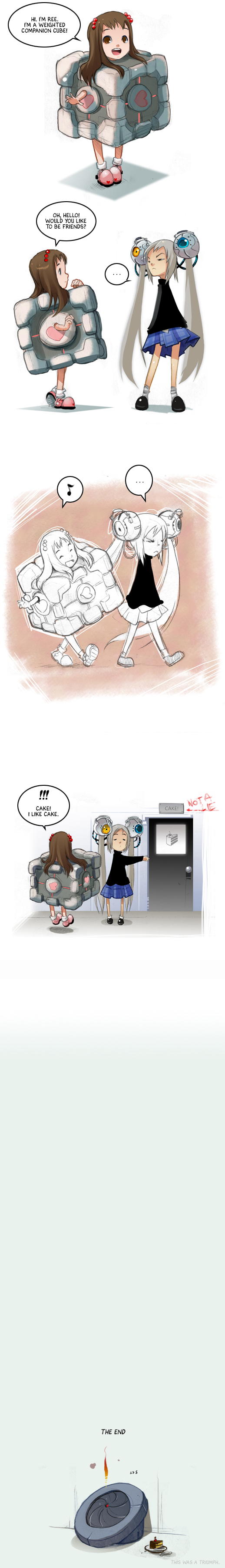 shaun healey, glados, glados-tan, lilith (endling), ree (shaun healey), original, portal (series), portal 1, silver hair, absurdres, highres, long image, tall image, 2girls, annoyed, aperture science weighted companion cube, bad end, brown eyes, brown hair, cake, comic, cosplay, cube, death, fire, food, hair ornament, hairpin, happy, heart, long hair, meme, multiple girls, parody, pastry, personification, the cake is a lie (meme), twintails, valve