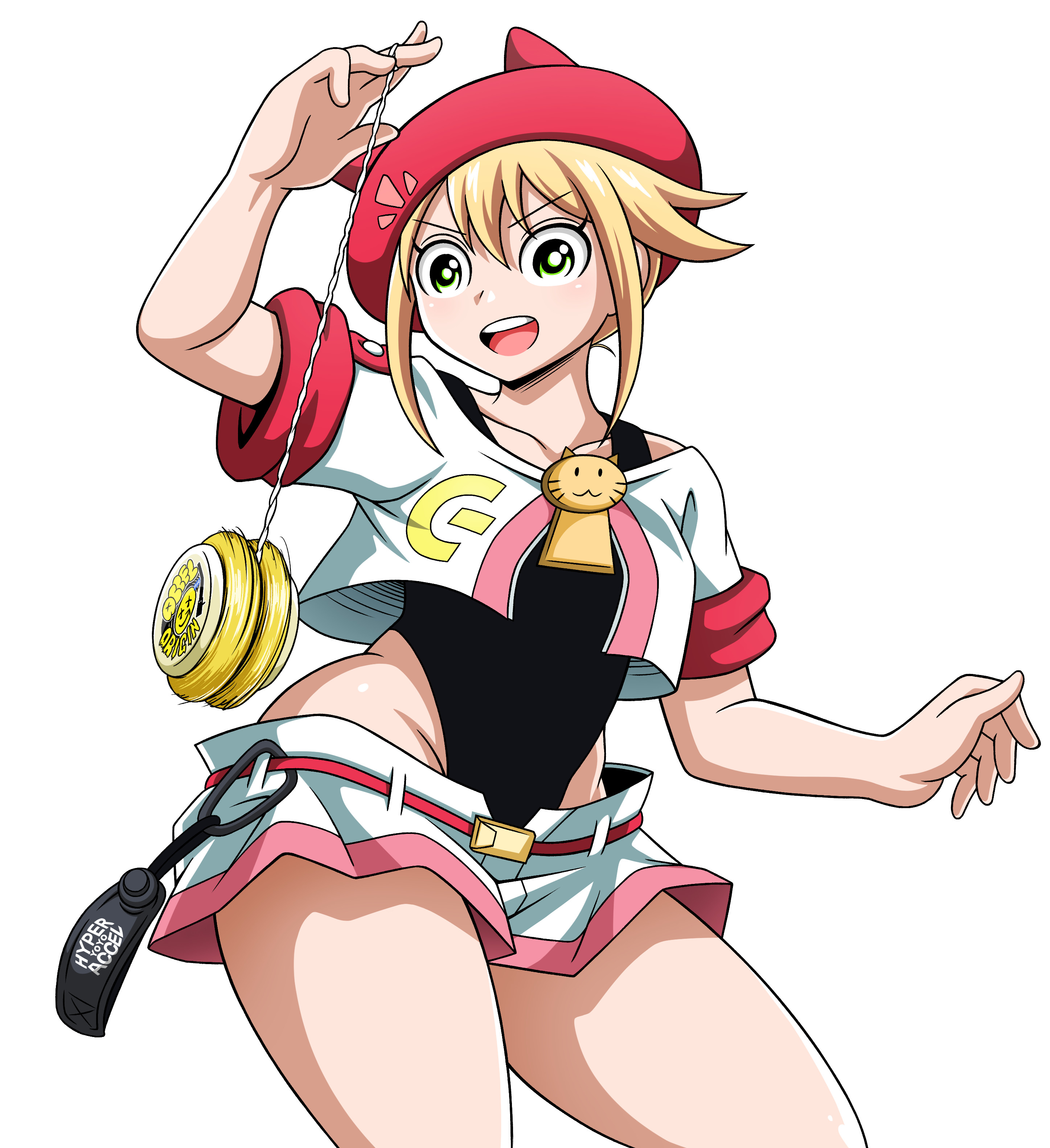 wakaba (hyper yoyo accel), hyper yoyo accel, artist request, highres, 1girl, belt, black leotard, breasts, curvy, green eyes, groin, hand up, highleg, highleg leotard, leotard, leotard under clothes, looking at viewer, medium breasts, nail polish, open mouth, orange hair, pear-shaped figure, revealing clothes, shoes, short hair, short shorts, short sleeves, shorts, sidelocks, smile, solo, striped clothes, thighs, tongue, v-shaped eyebrows, wide hips, yellow nails, yo-yo