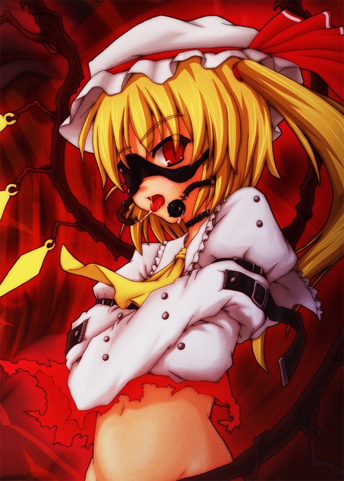 etogami kazuya, flandre scarlet, touhou, 1girl, ball gag, bdsm, blindfold, bondage, bound, female focus, gag, no panties, solo, straitjacket, strap, torn clothes, ungagged, wings