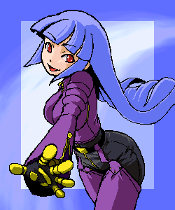 kula diamond, snk, the king of fighters, lowres, 1girl, :d, ass, belt, blue background, blunt bangs, bodysuit, border, breasts, buckle, cowboy shot, female focus, looking at viewer, open mouth, outstretched arm, purple bodysuit, red eyes, simple background, smile, solo, spread fingers