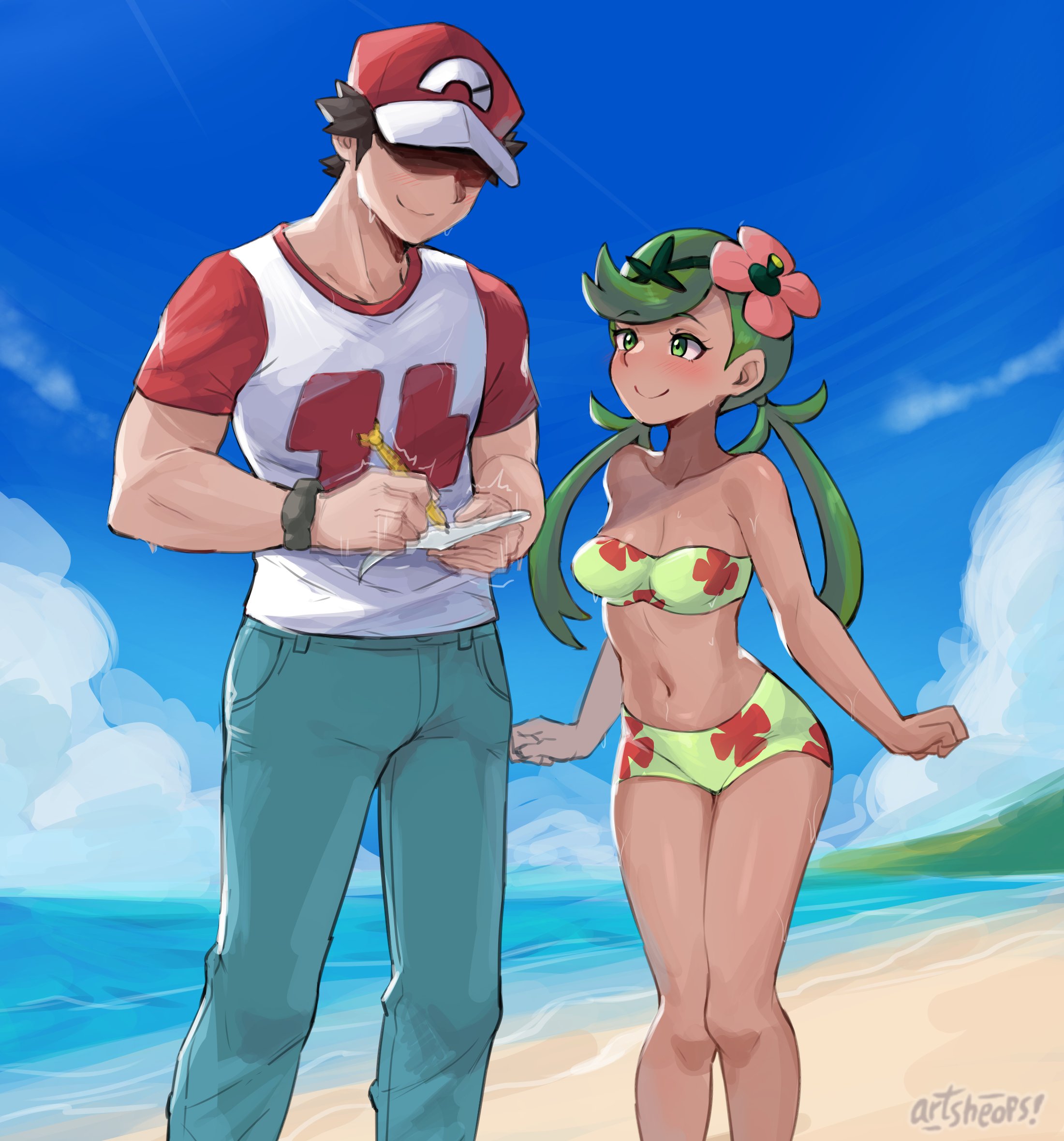 artsheops, mallow (pokemon), pikachu, red (pokemon), nintendo, pokemon, pokemon sm, highres, 1boy, 1girl, beach, blush, bracelet, brown hair, clenched hands, cloud, denim, gen 1 pokemon, green eyes, green hair, hat, jeans, jewelry, outdoors, pants, pen, sand, shirt, smile, swimsuit, writing