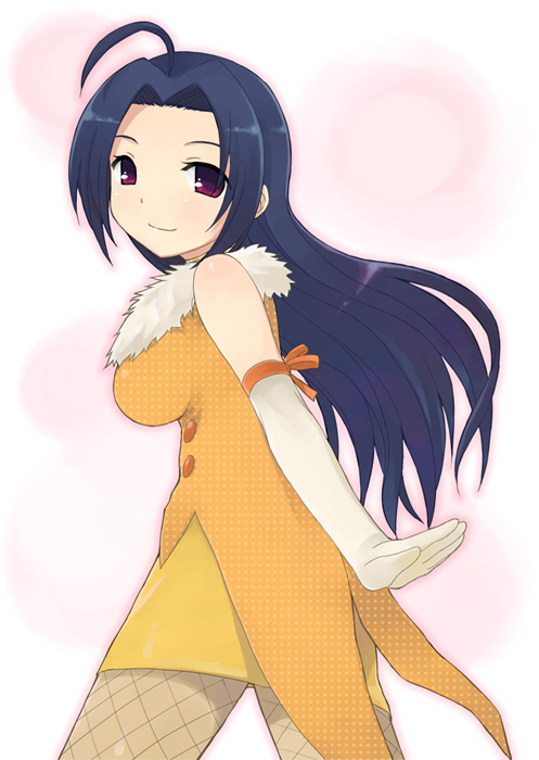 otoutogimi, miura azusa, idolmaster, idolmaster (classic), idolmaster 1, idolmaster xenoglossia, 00s, blue hair, cute & girly (idolmaster), elbow gloves, gloves, long hair, mini morning (idolmaster), purple eyes, solo, thighhighs