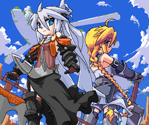mof, girl with a blonde braid (tomoshibi hidekazu), mof's silver haired twintailed girl, redrantem's orange haired girl, original, lowres, 2girls, armor, borrowed character, multiple girls, oekaki, weapon