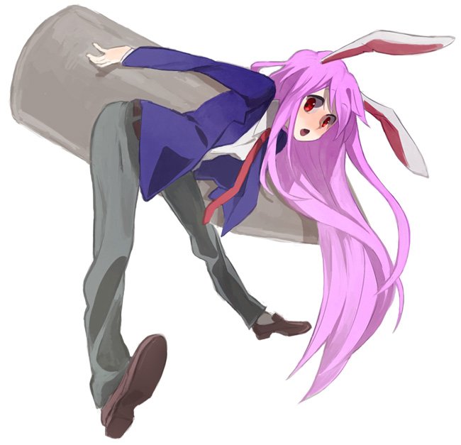 reisen udongein inaba, touhou, 1girl, :o, alternate costume, animal ears, bent over, blazer, bullet, female focus, full body, jacket, loafers, long hair, necktie, pants, rabbit ears, red necktie, shoes, simple background, solo, very long hair, white background