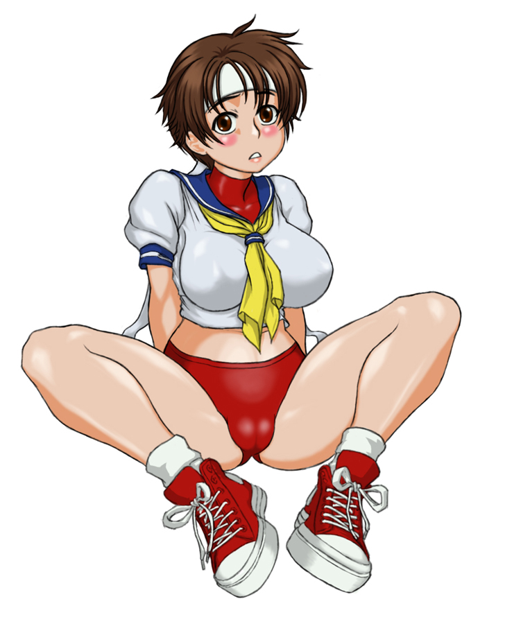 kasugano sakura, capcom, converse, street fighter, 1girl, blue sailor collar, blush, breasts, buruma, cameltoe, female focus, headband, large breasts, panties, sailor collar, shoes, sneakers, solo, underwear