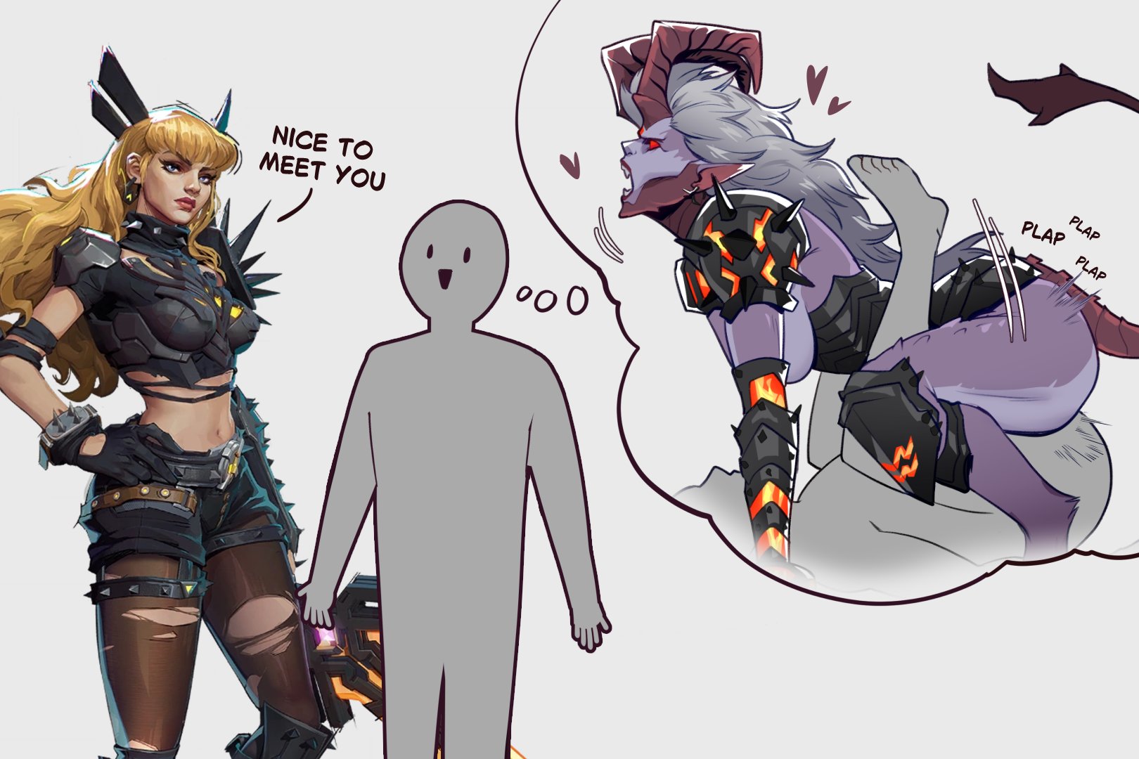 skullworms, darkchylde, magik (x-men), marvel, marvel rivals, commentary, english commentary, highres, 2girls, ass, blonde hair, breasts, earrings, english text, heart, hetero, holding, holding sword, holding weapon, horns, jewelry, mating press, multiple girls, open mouth, red eyes, smile, sword, weapon