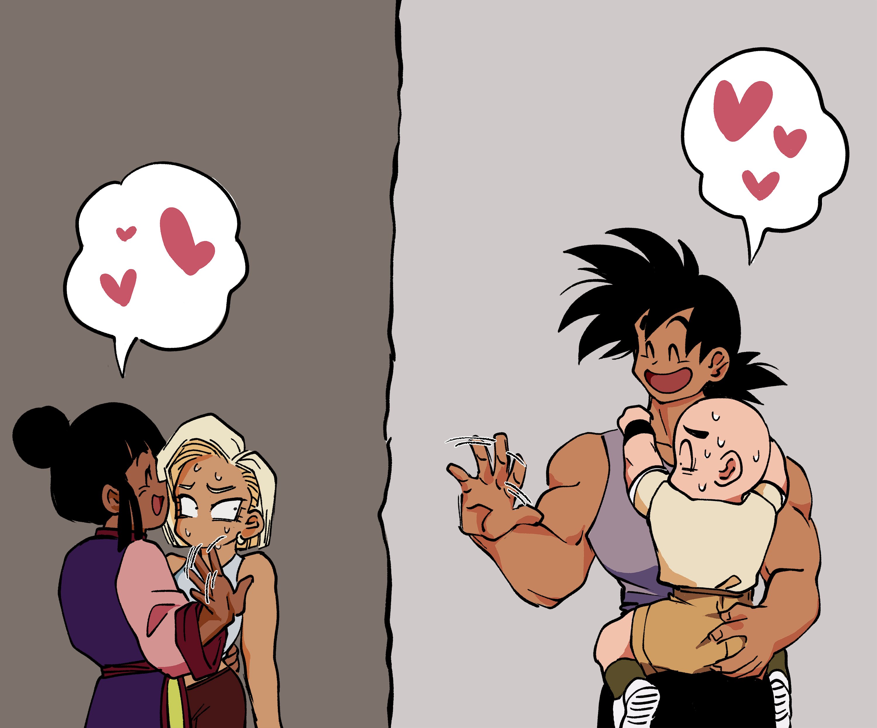 cal monssi, android 18, chi-chi (dragon ball), kuririn, son goku, dragon ball, dragonball z, absurdres, highres, 2boys, 2girls, ^ ^, against wall, alternate skin color, arm up, bald, black hair, black pants, black wrist cuffs, blonde hair, blunt bangs, brown pants, brown shorts, carrying, china dress, chinese clothes, closed eyes, dark-skinned female, dark skin, dress, earrings, gold earrings, green socks, grey tank top, hair bun, hand around waist, hand on another's ass, hand on another's shoulder, happy, heart, jewelry, looking at another, looking at viewer, looking to the side, midriff peek, motion lines, multiple boys, multiple girls, muscular, muscular male, nervous sweating, open mouth, pants, pink sleeves, purple dress, red sash, red wrist cuffs, sash, shirt, shoes, short hair, short sleeves, shorts, sidelocks, sleeveless, smile, socks, speech bubble, speed lines, spiked hair, spoken heart, sweat, tan, tank top, thick eyebrows, waving, white shoes, white tank top, wide-eyed, wrist cuffs, yaoi, yellow pants, yellow shirt, yuri