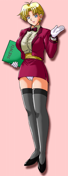 king (snk), snk, the king of fighters, 1girl, aof, blonde hair, breasts, female focus, formal clothes, full body, gloves, high heels, large breasts, miniskirt, panties, shoes, short hair, skirt, solo, standing, suit, thighhighs, underwear, waitress