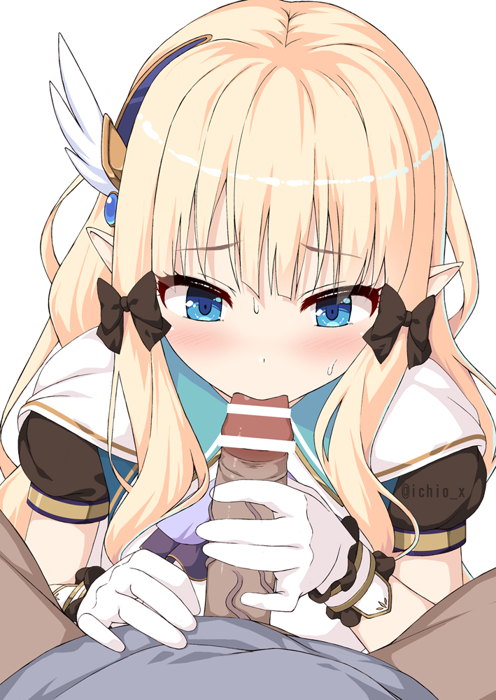 ichio, saren (princess connect!), princess connect!, 1boy, 1girl, artist name, bar censor, black bow, blonde hair, blue eyes, bow, censored, elf, erection, feather hair ornament, feathers, fellatio, gloves, hair bow, hair ornament, handjob, hetero, long hair, oral, penis, pointy ears, pov, short sleeves, sidelocks, simple background, teeth, white gloves