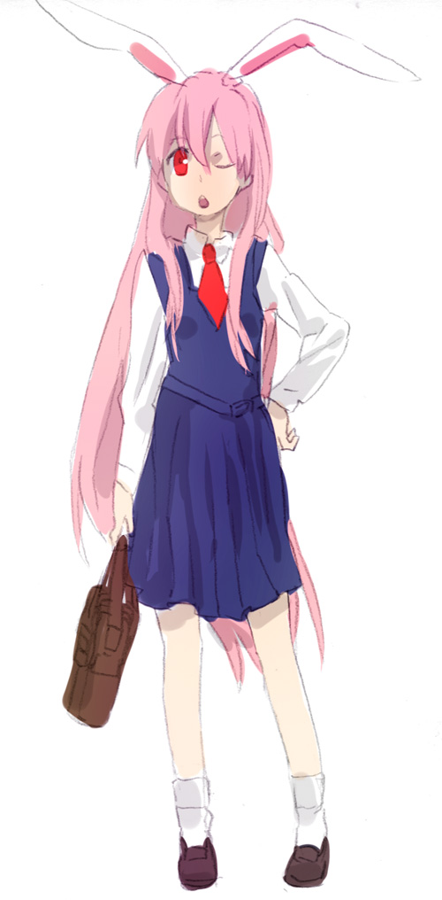 mokeo, reisen udongein inaba, touhou, 1girl, alternate costume, animal ears, brown shoes, female focus, rabbit ears, school uniform, serafuku, shoes, solo