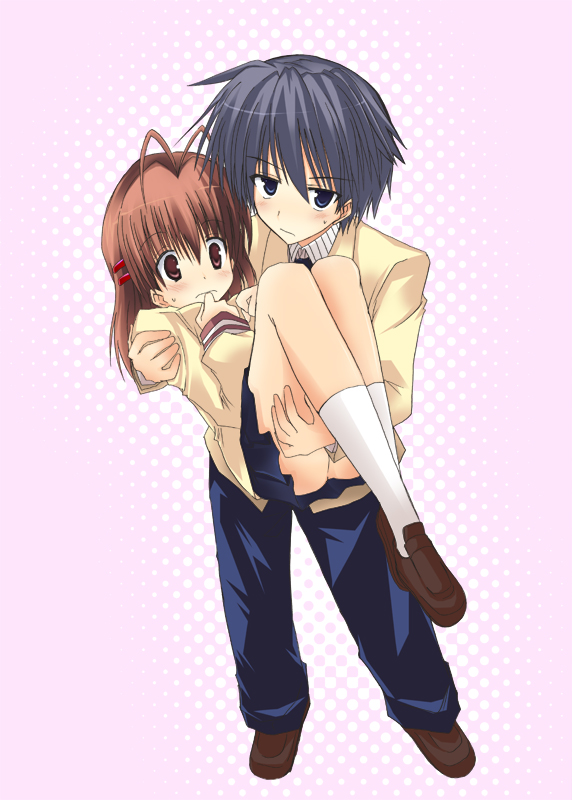 akane souichi, furukawa nagisa, okazaki tomoya, clannad, 00s, 1boy, 1girl, antenna hair, ass, black hair, black skirt, brown eyes, carrying, full body, kneehighs, loafers, long sleeves, miniskirt, pants, pink background, pleated skirt, princess carry, shoes, short hair, simple background, skirt, socks, standing, thighs, white hair