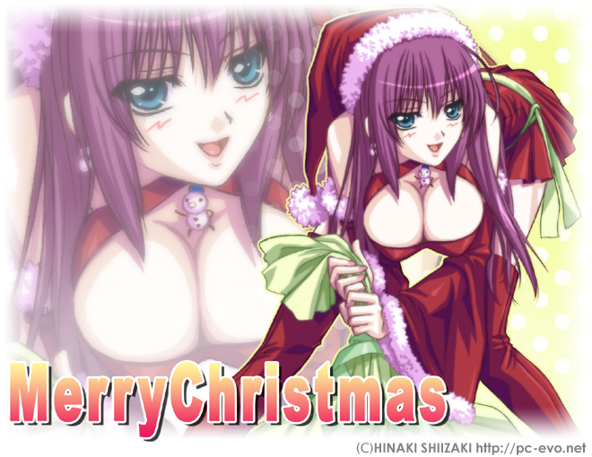 shiizaki hinaki, 1girl, :d, bent over, blue eyes, blush, boots, breasts, christmas, cleavage, cleavage cutout, clothing cutout, detached sleeves, earrings, female focus, fur trim, hat, jewelry, large breasts, lipstick, long hair, makeup, nail polish, naughty face, open mouth, pink nails, polka dot, purple hair, red thighhighs, sack, santa costume, santa hat, sash, smile, snowman, solo, thigh boots, thighhighs, zettai ryouiki, zoom layer