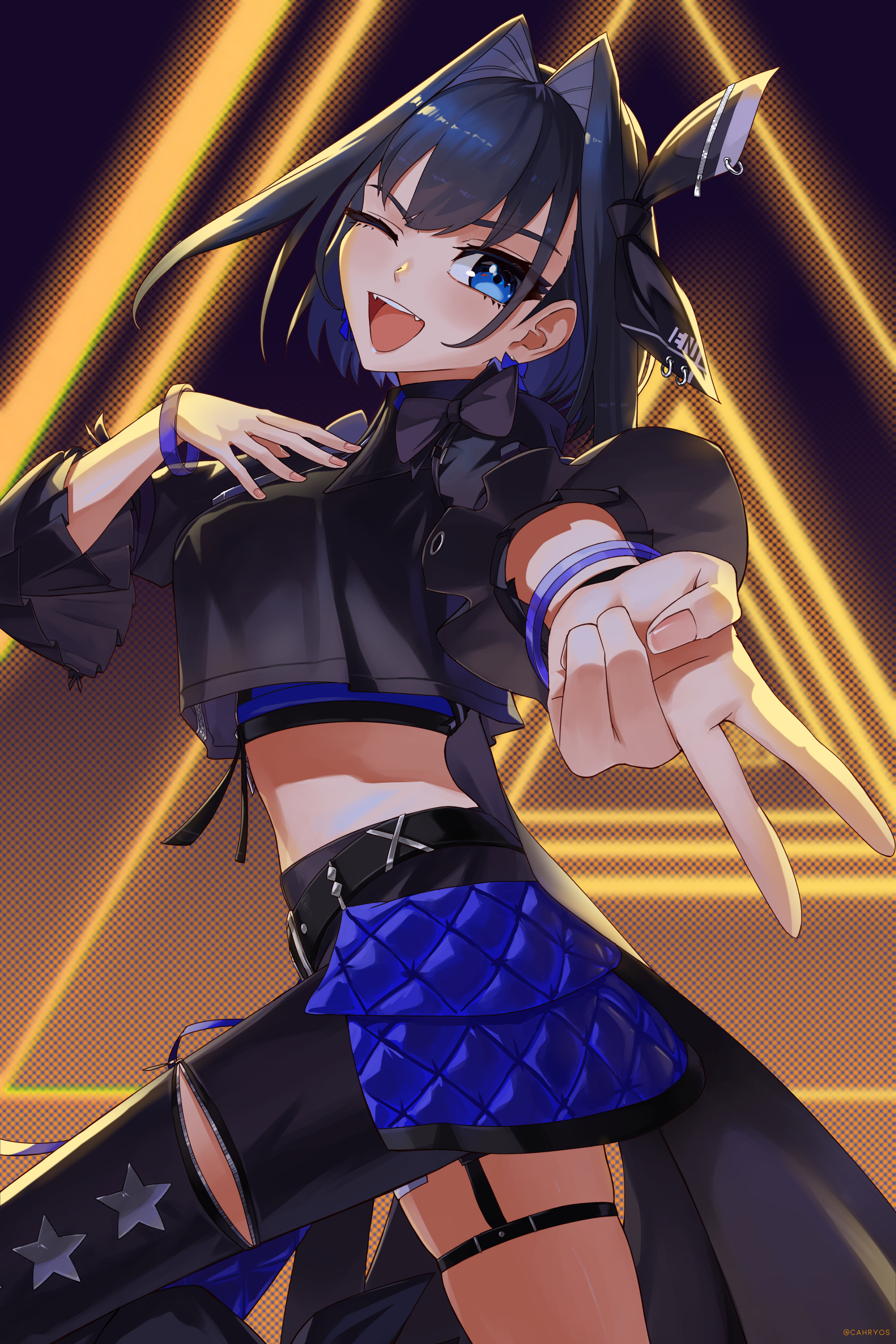 cahryos, ouro kronii, hololive, hololive english, absurdres, highres, 1girl, ;d, asymmetrical clothes, black pants, black ribbon, blue eyes, blue hair, bow, bow earrings, breasts, colored inner hair, cropped jacket, cropped shirt, earrings, fanged bangs, garter straps, gyaru v, hair ribbon, hololive idol uniform (color rise), idol clothes, jewelry, large breasts, looking at viewer, midriff, multicolored hair, official alternate costume, one eye closed, open mouth, outstretched arm, pants, ribbon, short hair, single garter strap, single pantsleg, smile, solo, thigh strap, v, virtual youtuber