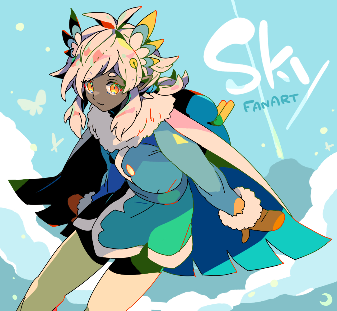 mizuki tsukimori, sky child, sky: children of the light, commentary request, 1girl, blue coat, cape, coat, colored skin, copyright name, feet out of frame, fur-trimmed coat, fur trim, grey skin, looking at viewer, mittens, orange eyes, orange mittens, pants, short hair, sidelocks, solo, thick eyebrows, white cape, white pants
