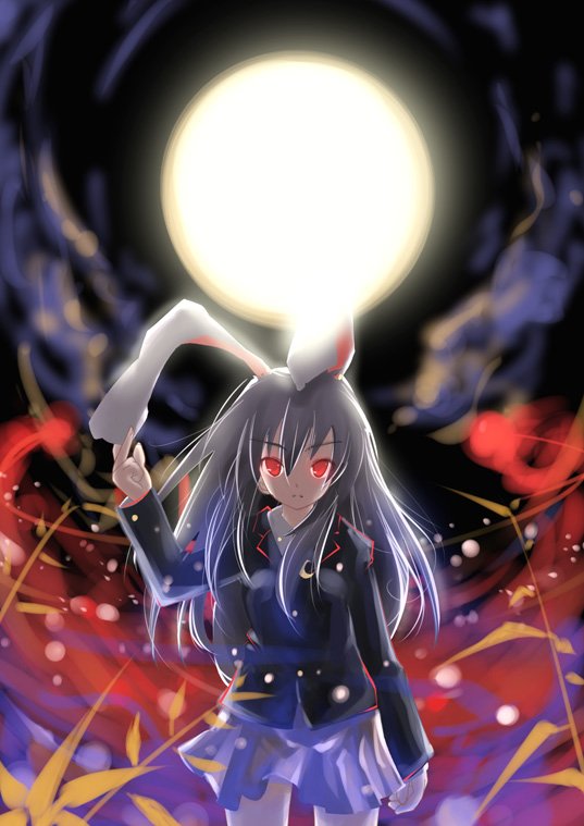 loki, ploki, reisen udongein inaba, touhou, duplicate, 1girl, animal ears, female focus, moon, rabbit ears, red eyes, skirt, solo