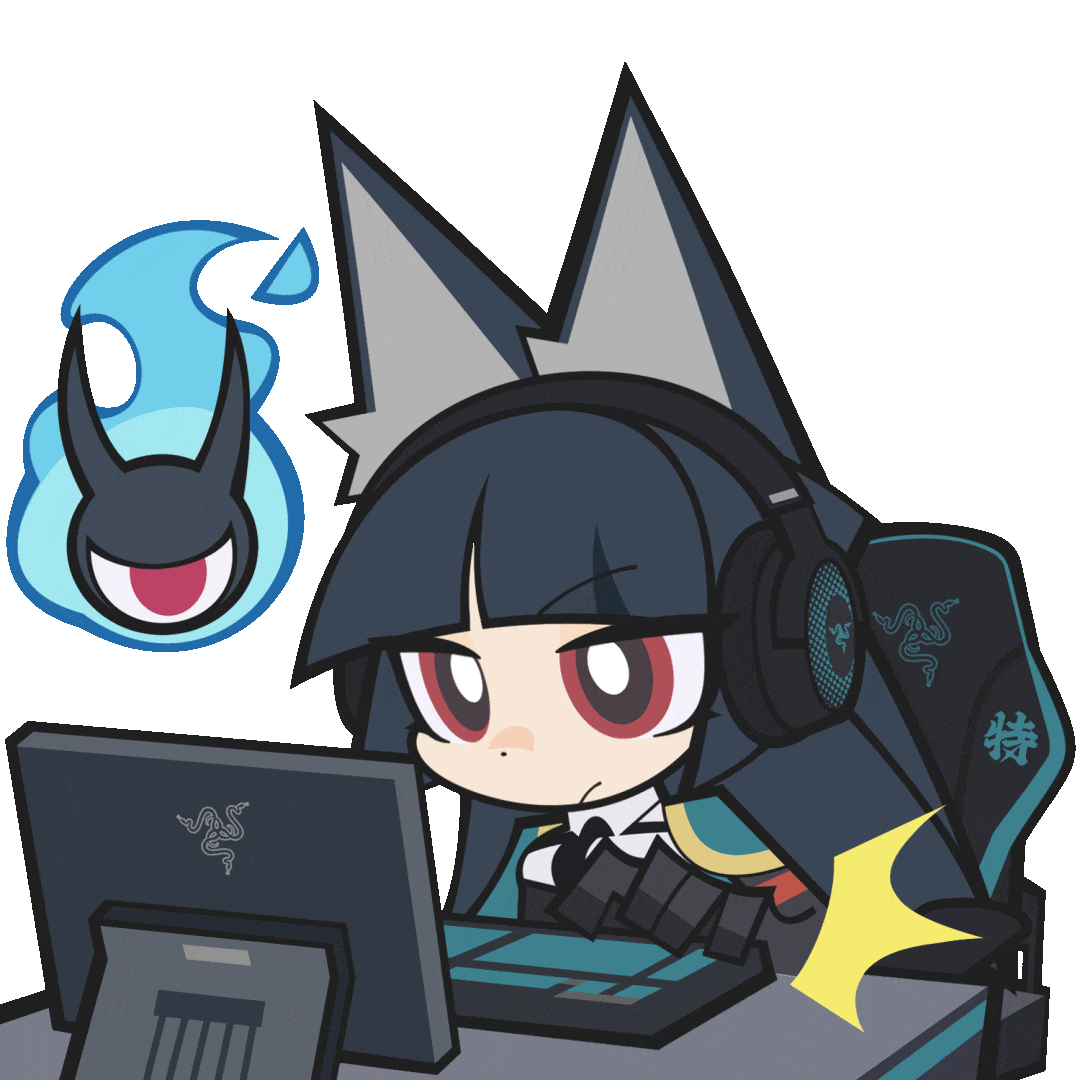 hoshimi miyabi, razer, zenless zone zero, animated, animated gif, looping animation, official art, 1girl, :/, animal ears, aqua jacket, at computer, black gloves, black hair, black necktie, blunt bangs, bright pupils, chair, chibi, computer keyboard, fingerless gloves, fox ears, fox girl, gaming chair, gloves, headphones, jacket, long hair, long sleeves, monitor, necktie, raised eyebrows, red eyes, shirt, sitting, swivel chair, transparent background, upper body, white pupils, white shirt