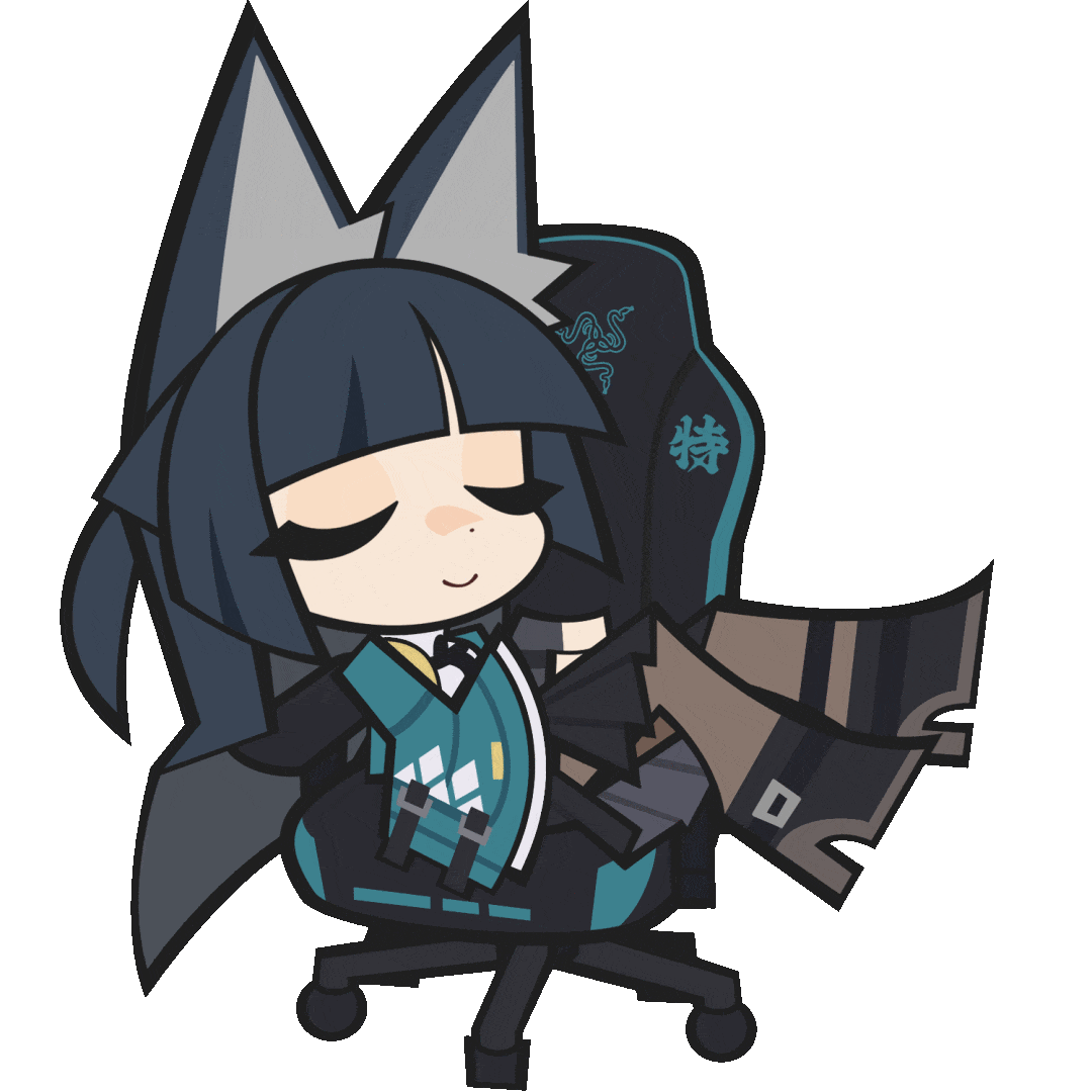 hoshimi miyabi, razer, zenless zone zero, animated, animated gif, looping animation, official art, 1girl, animal ears, aqua jacket, black hair, black necktie, blunt bangs, chair, chibi, closed eyes, fox ears, fox girl, full body, gaming chair, jacket, long hair, long sleeves, necktie, shirt, sitting, speech bubble, swivel chair, thought bubble, transparent background, upper body, white shirt