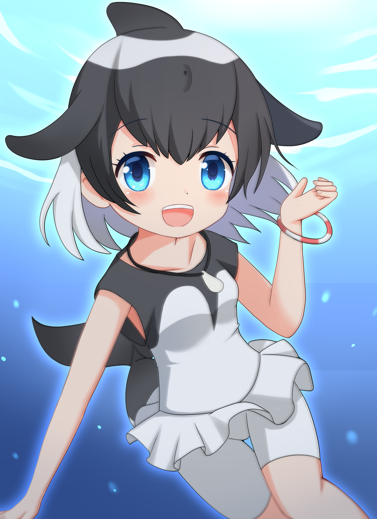 shin01571, commerson's dolphin (kemono friends), kemono friends, commentary request, highres, 1girl, :d, black hair, blue eyes, blush, cetacean tail, collarbone, covered groin, day, feet out of frame, fins, fish tail, grey hair, hand up, looking at viewer, multicolored hair, open mouth, outdoors, pleated skirt, shirt, short sleeves, shorts, shorts under skirt, skirt, smile, solo, tail, thigh gap, two-tone hair, underwater, water, white shirt, white shorts, white skirt