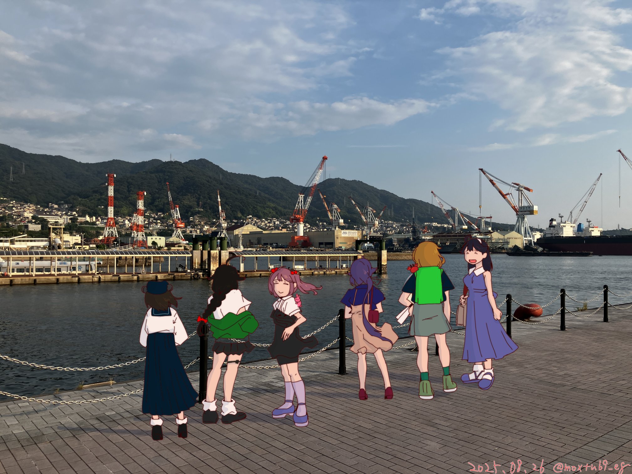 moxtu69 eg, akebono (kancolle), oboro (kancolle), sazanami (kancolle), shigure (kancolle), shigure (kure 2025) (kancolle), ushio (kancolle), yukikaze (kancolle), kantai collection, highres, 6+girls, akebono (kure) (kancolle), black dress, black hair, blue skirt, blue sky, braid, brown dress, brown eyes, casual, cloud, crane (machine), dated, day, dress, from behind, full body, green jacket, jacket, jacket partially removed, kure (city), long hair, long skirt, mountain, multiple girls, oboro (kure) (kancolle), outdoors, photo background, pleated skirt, purple dress, sazanami (kure) (kancolle), shirt, single braid, skirt, sky, sleeveless, sleeveless dress, smile, ushio (kure) (kancolle), water, white shirt, yukikaze (kure 2025) (kancolle)
