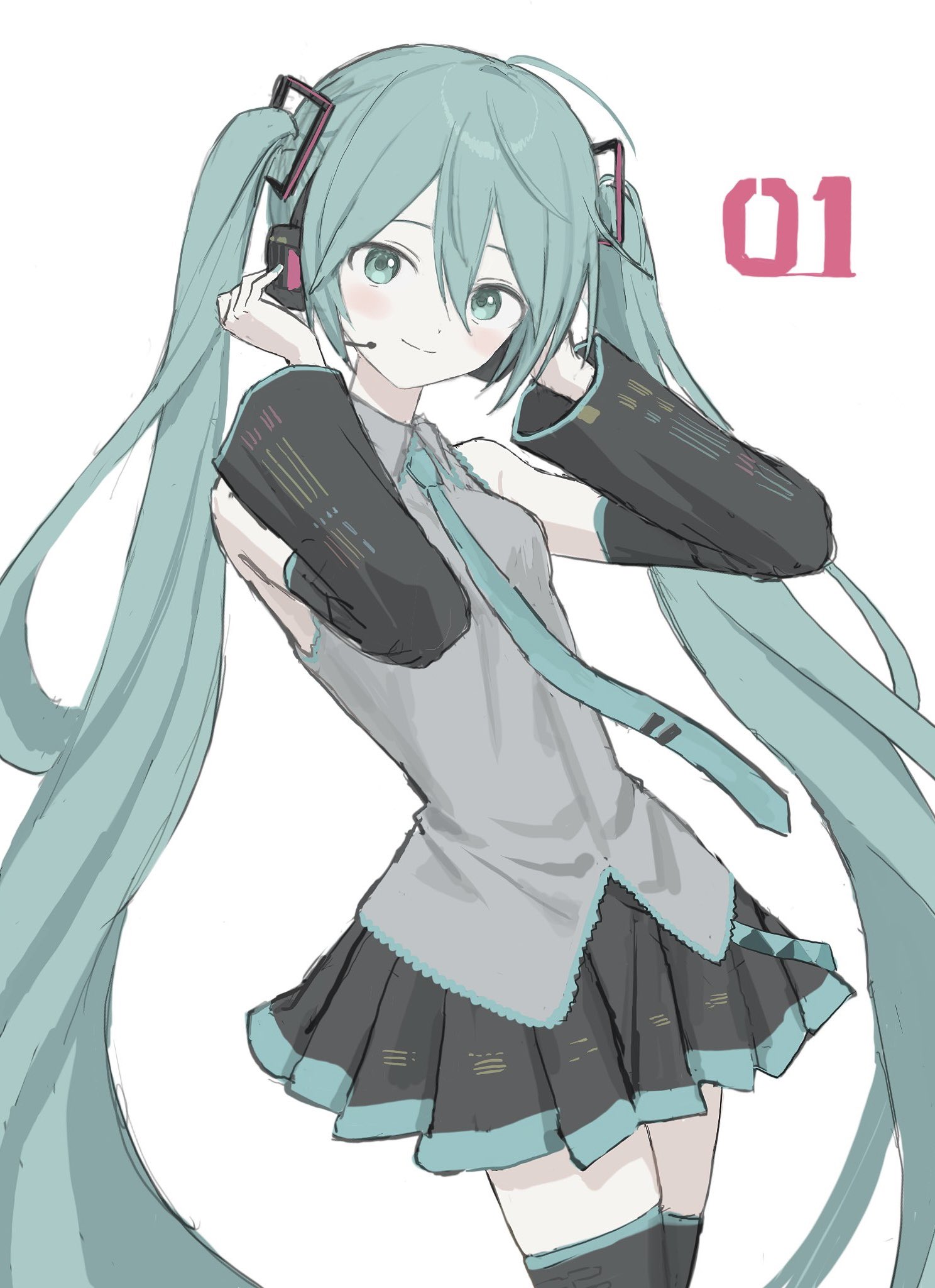 tori kawayu, hatsune miku, vocaloid, highres, 1girl, aqua eyes, black skirt, black sleeves, black thighhighs, blue necktie, blush, breasts, closed mouth, collared shirt, detached sleeves, hair between eyes, hair ornament, headphones, headset, long hair, looking at viewer, necktie, shirt, simple background, skirt, sleeveless, sleeveless shirt, small breasts, solo, thighhighs, twintails, very long hair, white background