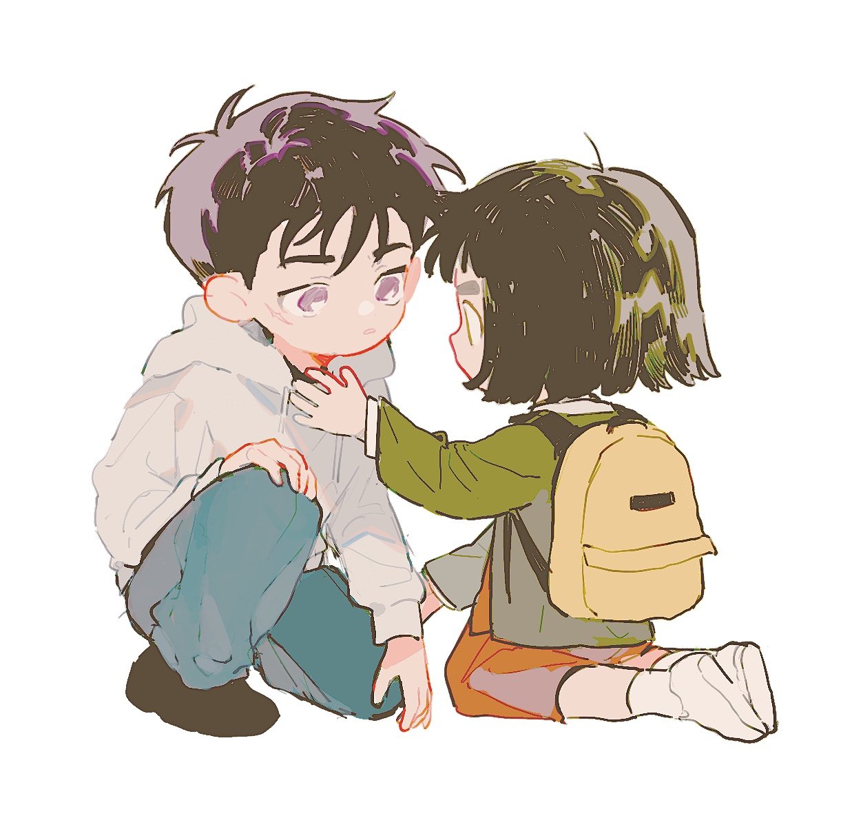 naraiaran, hwang mi-ae, kim cheol, after school lessons for unripe apples, highres, 1boy, 1girl, ahoge, ankle socks, backpack, baekje middle school uniform, bag, black hair, black shoes, blue pants, bob cut, choppy bangs, deformed, denim, eye contact, face-to-face, facial scar, full body, green jacket, hand on another's arm, hands on own knees, hood, hood down, hoodie, jacket, jeans, kneeling, long sleeves, looking at another, medium skirt, on one knee, outstretched hand, pants, parted lips, purple eyes, red skirt, scar, scar on cheek, scar on face, school uniform, shirt, shoes, short hair, simple background, skirt, socks, thick eyebrows, very short hair, white background, white hoodie, white shirt, white shoes, white socks, yellow bag