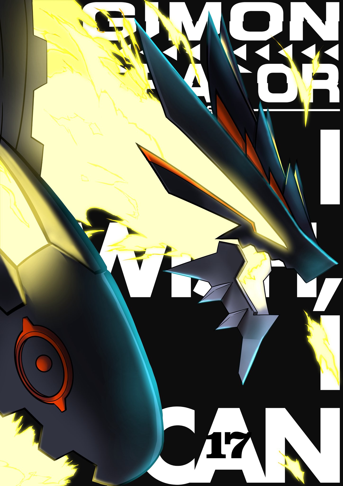 fukunari kanchi, usagibochi, digimon, digimon card game, digimon liberator, highres, black background, chapter number, close-up, copyright name, digimon (creature), dragon, electricity, english text, magneticdramon, no humans, release celebration, simple background