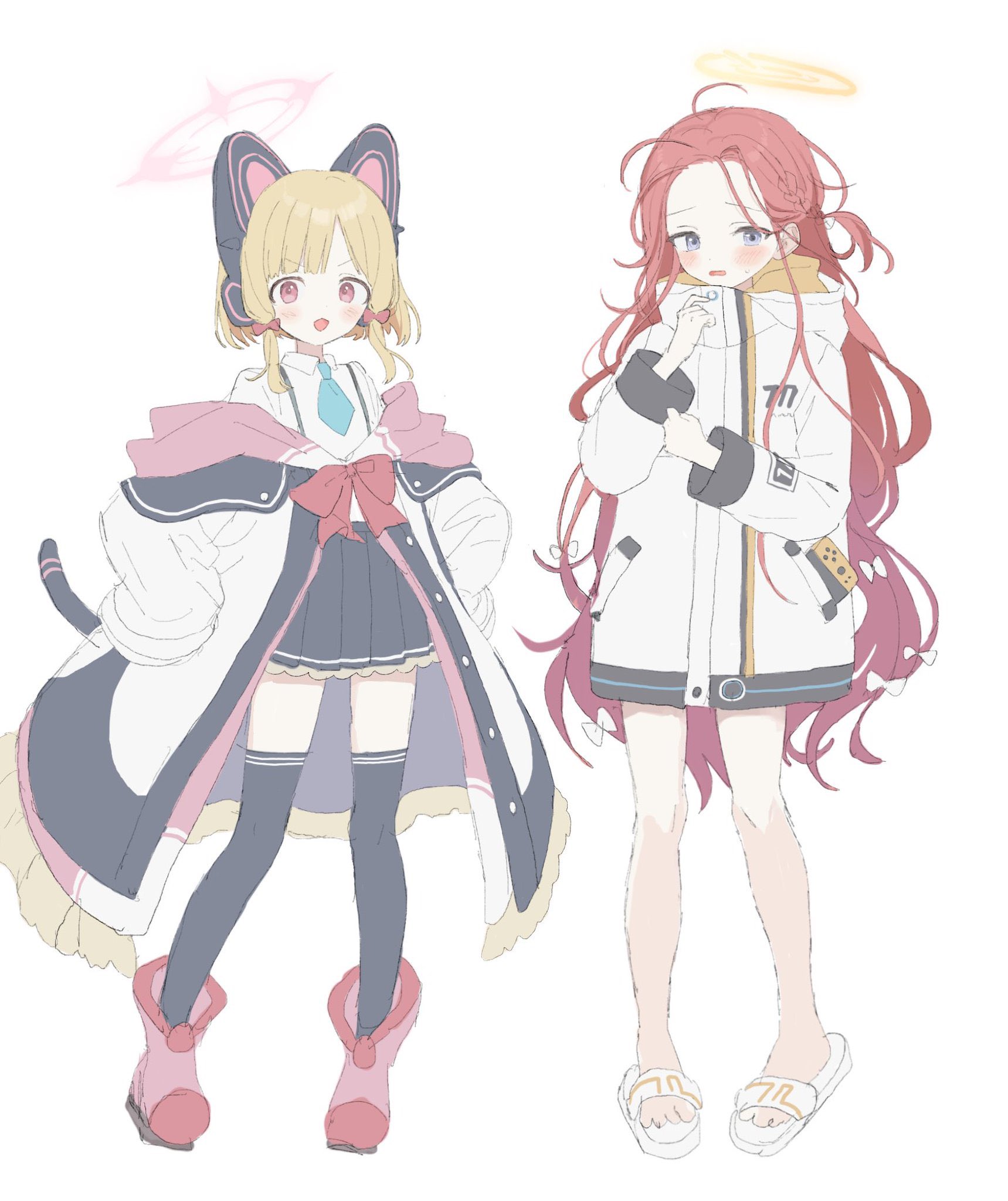 tori kawayu, momoi (blue archive), yuzu (blue archive), blue archive, highres, 2girls, animal ear headphones, animal ears, black thighhighs, blonde hair, boots, cat ear headphones, coat, collared shirt, fake animal ears, full body, halo, hands on own hips, headphones, hood, hood down, hooded coat, long hair, long sleeves, multiple girls, open mouth, pink boots, red hair, sandals, shirt, shoes, simple background, sleeves past fingers, sleeves past wrists, standing, suspenders, thighhighs, very long hair, white background, white coat, white shirt, white shoes