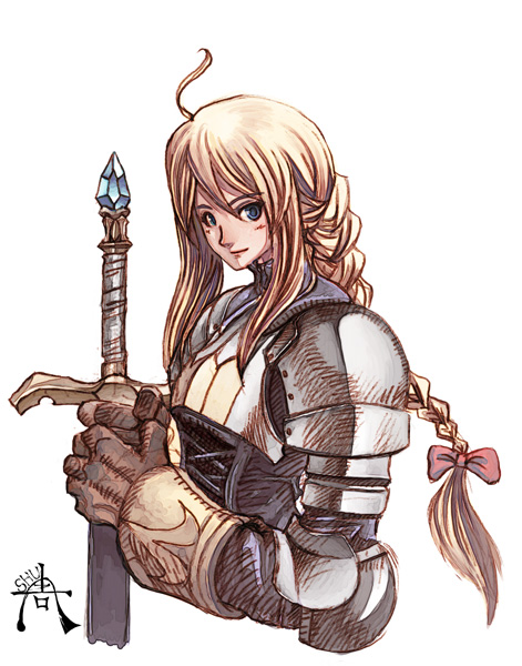 shu-tokutomi, agrias oaks, final fantasy, final fantasy tactics, 1girl, armor, blonde hair, blue eyes, braid, braided ponytail, female focus, simple background, single braid, solo, sword, weapon