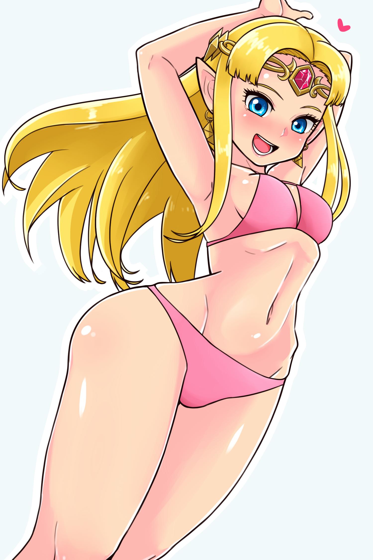 tsubasa (godbardtsubasa), princess zelda, nintendo, the legend of zelda, highres, 1girl, bikini, blonde hair, blue eyes, breasts, earrings, jewelry, long hair, looking at viewer, navel, open mouth, pink bikini, pointy ears, simple background, smile, solo, swimsuit