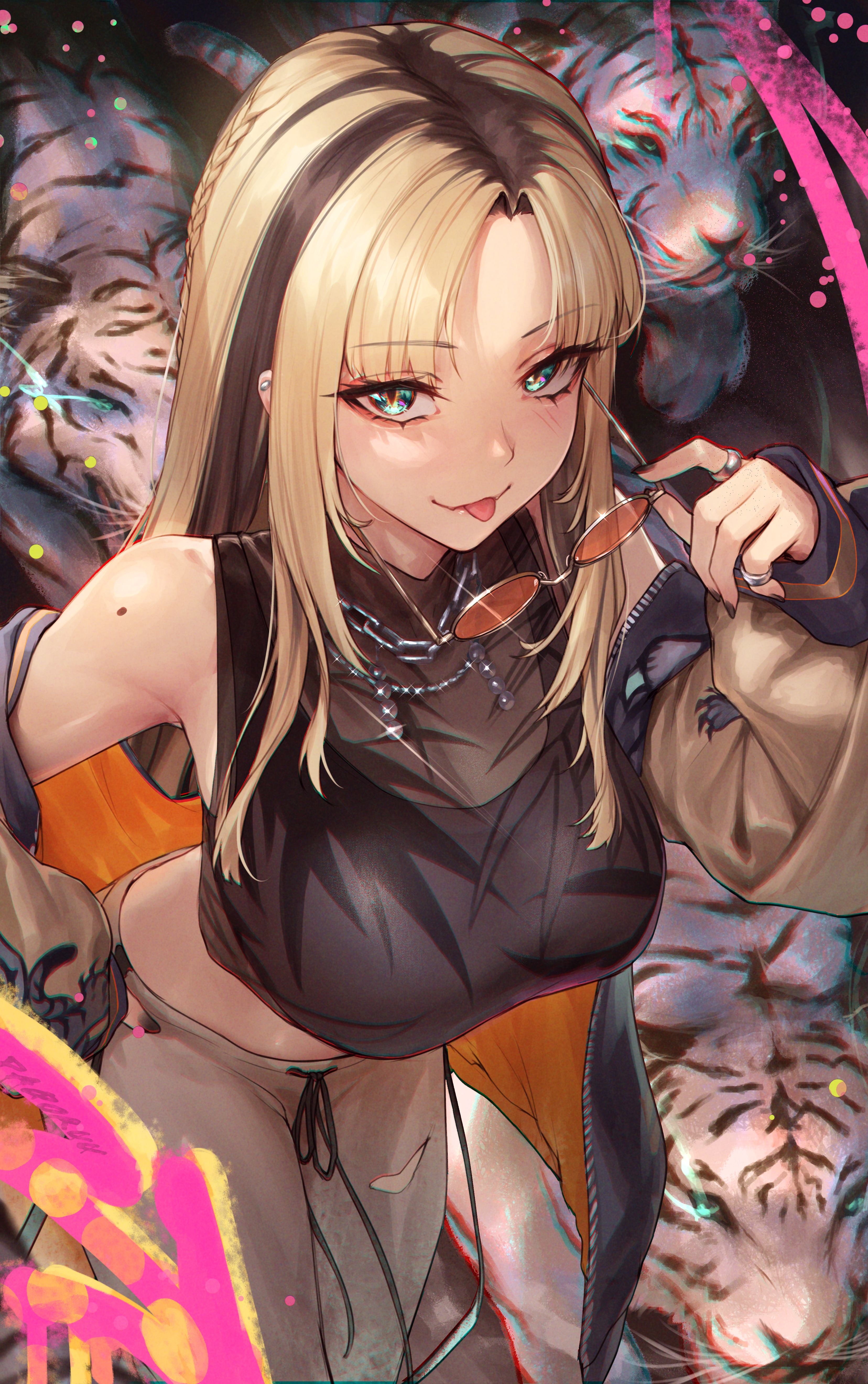 padoruu, koganei niko, hololive, hololive dev is, absurdres, commentary request, highres, 1girl, :p, animal, black hair, black jacket, black nails, black shirt, black tank top, blonde hair, blue eyes, blunt ends, blush, braid, breasts, chromatic aberration, crop top, cropped shirt, curtained hair, ear piercing, grey pants, halter shirt, halterneck, hand on own hip, holding, holding removed eyewear, jacket, jewelry, large breasts, letterman jacket, long hair, looking at viewer, mole, mole on shoulder, multicolored hair, multiple rings, nail polish, necklace, off shoulder, open clothes, open jacket, orange-tinted eyewear, orange jacket, pants, piercing, ring, round eyewear, see-through clothes, see-through shirt, shirt, side braid, sidelocks, sleeveless, sleeveless shirt, slit pupils, solo, straight hair, streaked hair, sukajan, sweatpants, tank top, tiger, tinted eyewear, tongue, tongue out, torn clothes, torn pants, two-sided fabric, two-sided jacket, two-tone hair, unworn eyewear, virtual youtuber, white tiger