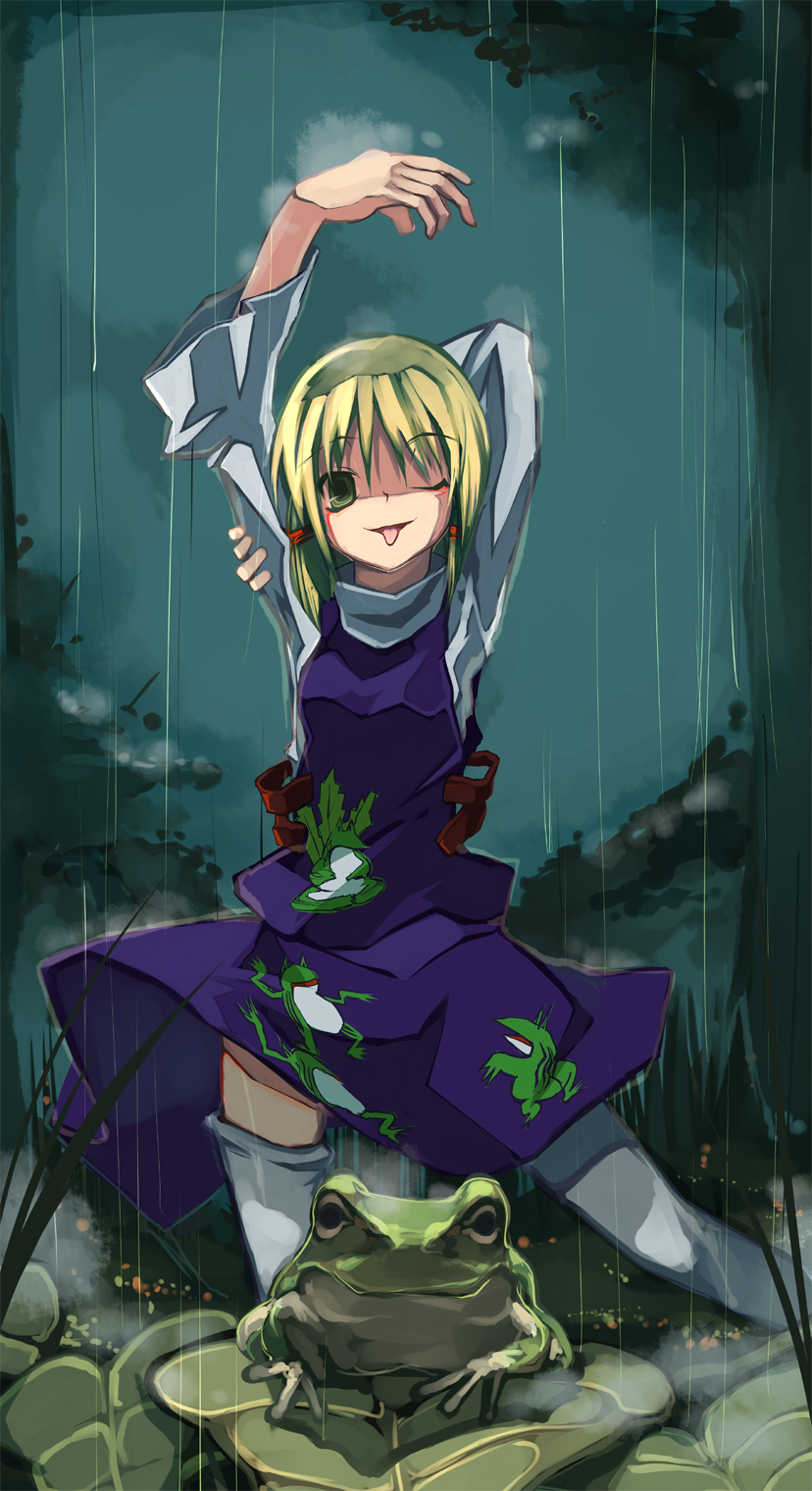 shimadoriru, moriya suwako, touhou, highres, 1girl, ;p, female focus, frog, looking at viewer, nature, one eye closed, outdoors, plant, purple skirt, rain, skirt, solo, thighhighs, tongue, tongue out, white thighhighs, wink