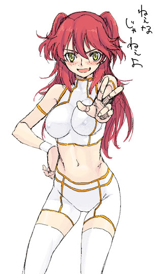 satou atsuki, nena trinity, gundam, gundam 00, translation request, 00s, blush, freckles, midriff, red hair, shorts, skin tight, solo, thighhighs, two side up, v, yellow eyes, zettai ryouiki