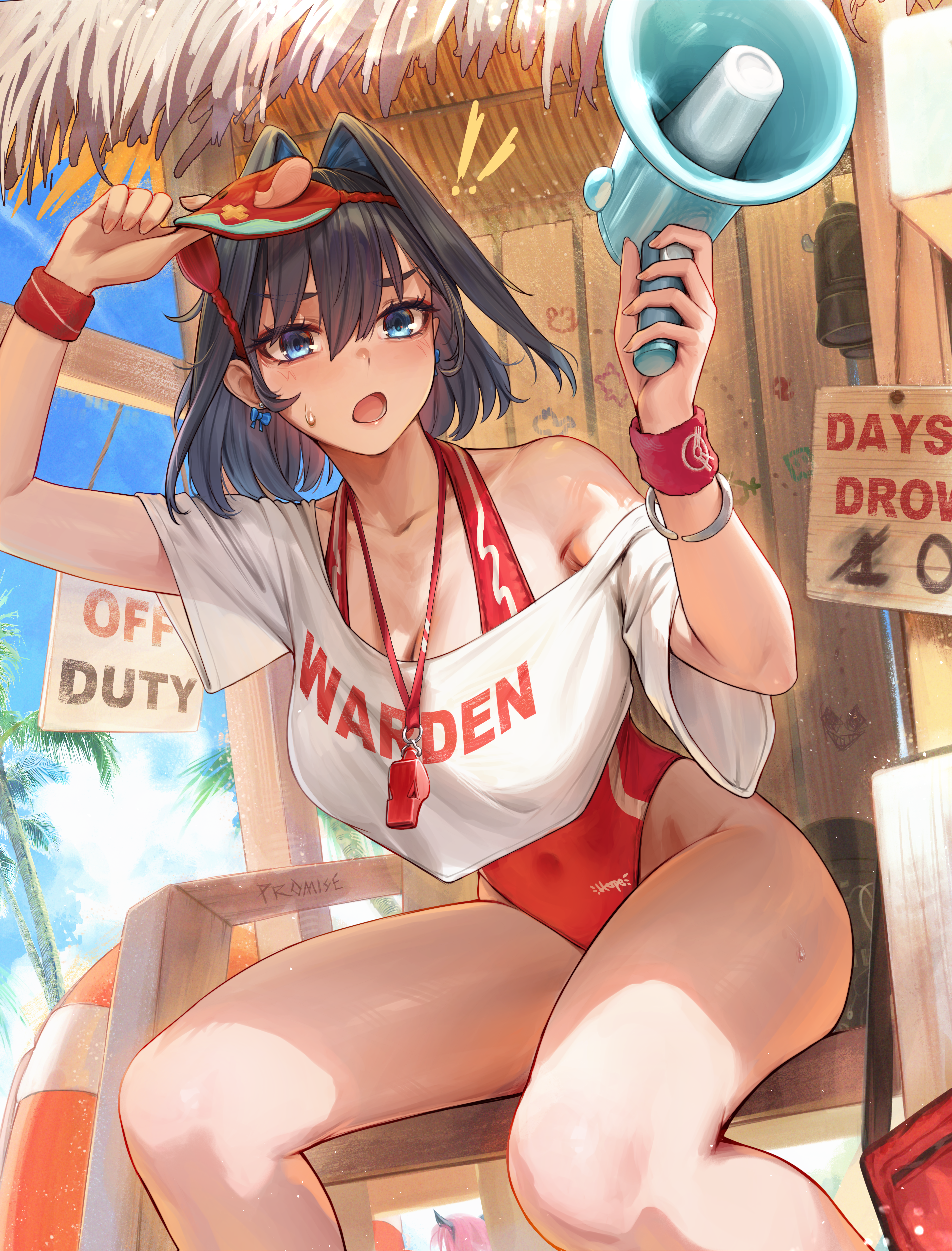 padoruu, mr. squeaks (hakos baelz), ouro kronii, hololive, hololive english, absurdres, commentary, english commentary, highres, !, !!, 1girl, :o, alternate costume, arm up, blue eyes, blue hair, blue sky, bow, bow earrings, breasts, cleavage, clothes writing, competition swimsuit, covered navel, cropped shirt, day, double-parted bangs, earrings, hair between eyes, hand up, highleg, highleg one-piece swimsuit, holding, holding megaphone, jewelry, large breasts, lifeguard, megaphone, one-piece swimsuit, open mouth, outdoors, palm tree, red one-piece swimsuit, shirt, short hair, single off shoulder, sitting, sky, solo, summer, sweatband, swimsuit, t-shirt, thighs, tree, virtual youtuber, whistle, whistle around neck, white shirt