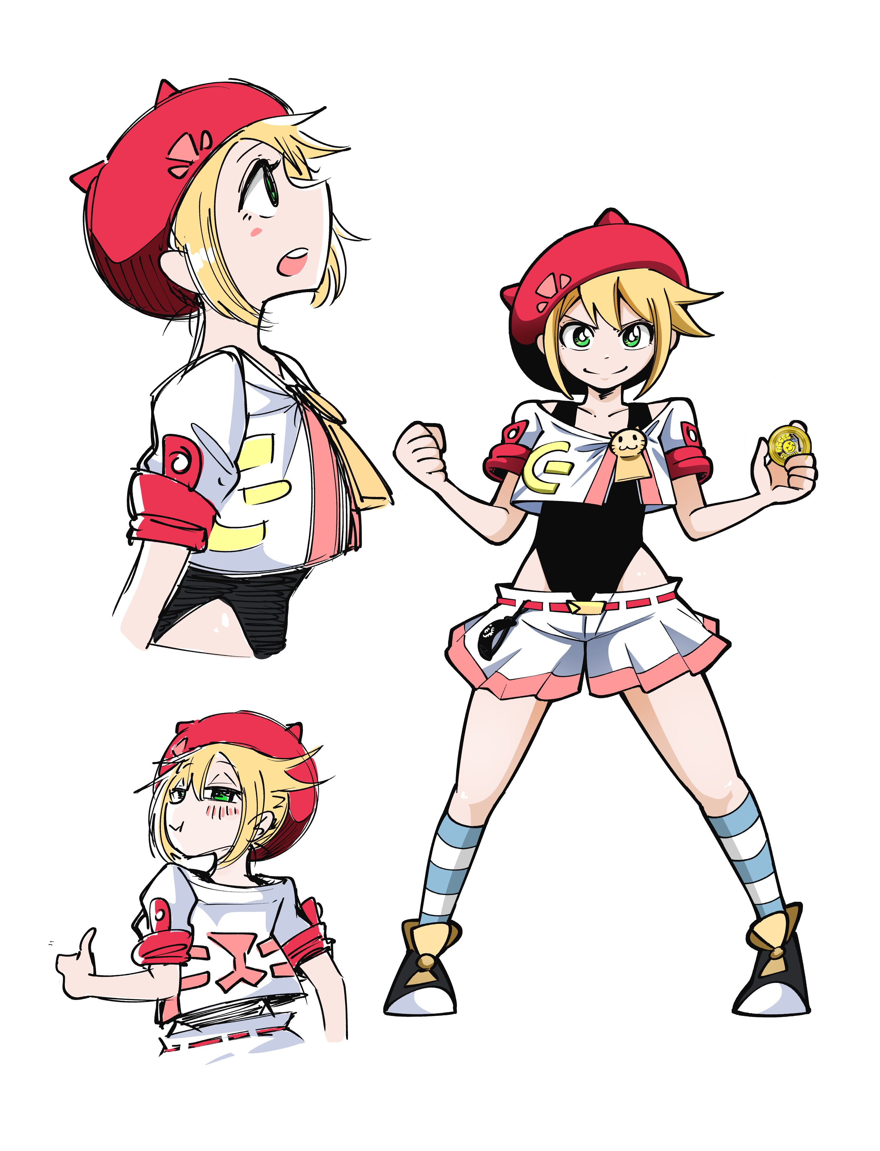 tonton manga, wakaba (hyper yoyo accel), hyper yoyo accel, highres, official art, 1girl, :d, artist name, belt, black belt, black leotard, blonde hair, blush, breasts, cheek bulge, clenched hands, closed eyes, copyright name, corocoro comic, full body, happy, highleg, highleg leotard, jumping, kneehighs, legs together, leotard, leotard under clothes, looking at viewer, looking back, multiple views, open mouth, revealing clothes, shoes, short hair, short shorts, short sleeves, shorts, smile, socks, striped clothes, striped socks, teeth, thighs, upper teeth only, wide hips, yo-yo