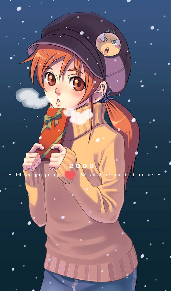 pairan, aoi sora (pairan), original, 1girl, female focus, gift, happy valentine, hat, holding, holding gift, ponytail, snow, solo, turtleneck, twintails, valentine