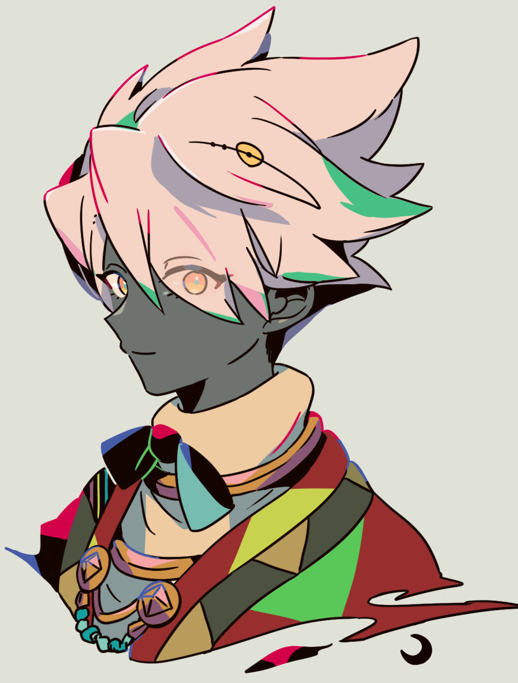 mizuki tsukimori, sky: children of the light, character request, highres, 1boy, black ribbon, cape, closed mouth, colored skin, cropped torso, grey background, grey skin, hair between eyes, looking at viewer, male focus, orange eyes, red cape, ribbon, shirt, short hair, smile, solo, sweater, turtleneck, turtleneck sweater, white shirt