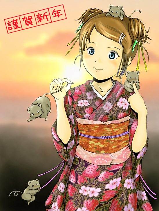 00s, 1girl, 2008, blue eyes, brown hair, female focus, japanese clothes, kimono, mouse (animal), new year, outdoors, sky, solo