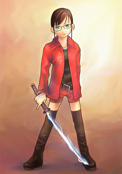 katayama kotetsu, 1girl, brown hair, female focus, glasses, glowing, glowing sword, glowing weapon, green eyes, solo, sword, thighhighs, weapon, zettai ryouiki