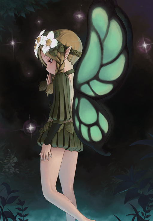 kaneko masaru, mercedes (odin sphere), odin sphere, 1girl, braid, fairy, female focus, flower, hair flower, hair ornament, long hair, outdoors, pointy ears, puff and slash sleeves, puffy sleeves, solo, twin braids, wings